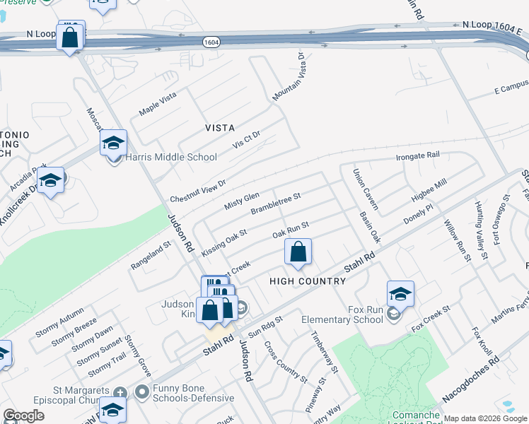 map of restaurants, bars, coffee shops, grocery stores, and more near 5826 Brambletree Street in San Antonio