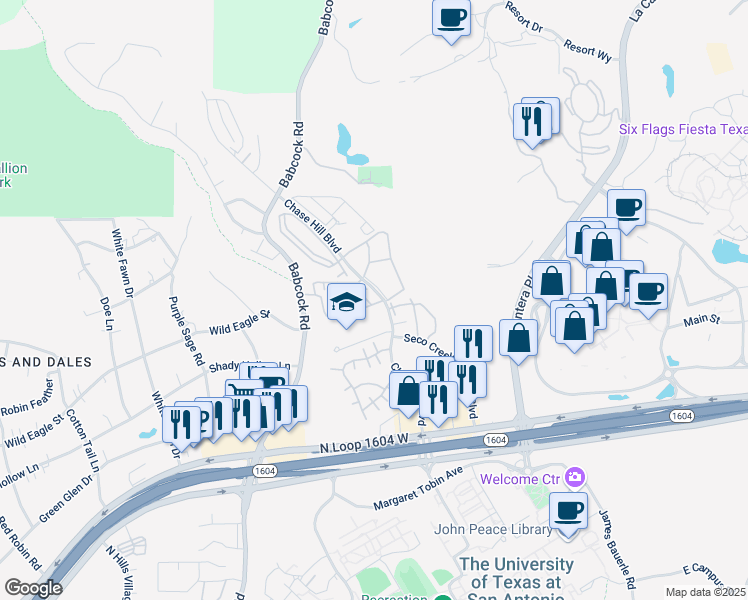 map of restaurants, bars, coffee shops, grocery stores, and more near 15807 Chase Hill Boulevard in San Antonio
