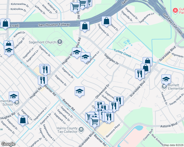 map of restaurants, bars, coffee shops, grocery stores, and more near 11211 Camphorwood Drive in Houston