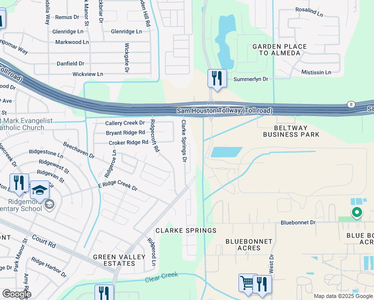 map of restaurants, bars, coffee shops, grocery stores, and more near 15786 Clarke Springs Drive in Houston