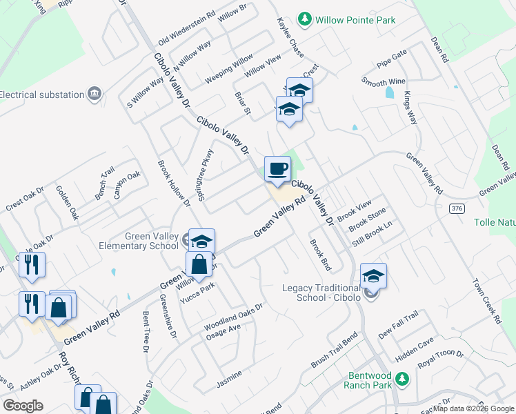map of restaurants, bars, coffee shops, grocery stores, and more near 129 Springtree Grove in Cibolo