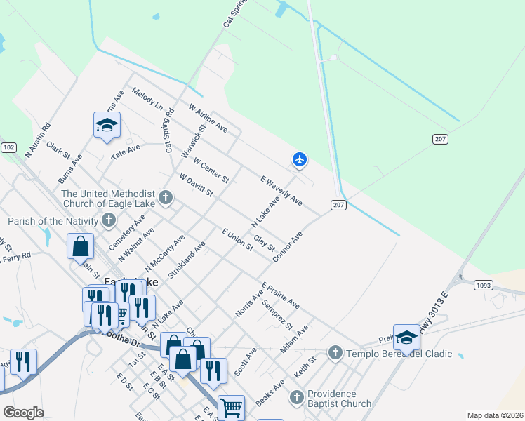map of restaurants, bars, coffee shops, grocery stores, and more near 917 North Lake Avenue in Eagle Lake