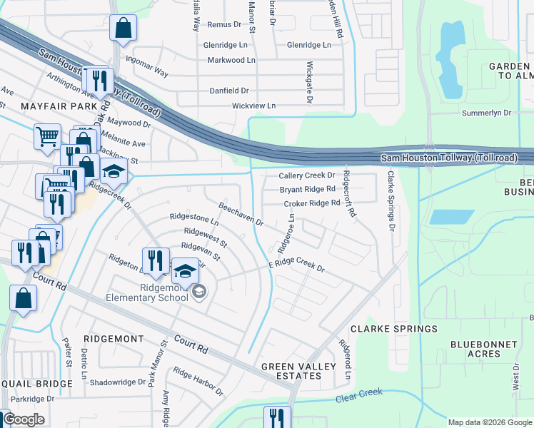 map of restaurants, bars, coffee shops, grocery stores, and more near 15807 Boonridge Road in Houston