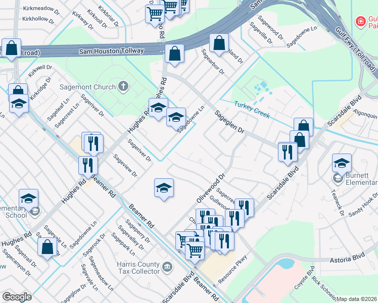 map of restaurants, bars, coffee shops, grocery stores, and more near 11211 Camphorwood Drive in Houston