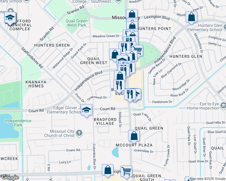 map of restaurants, bars, coffee shops, grocery stores, and more near 2315 Quail Pl Dr in Missouri City
