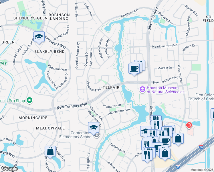 map of restaurants, bars, coffee shops, grocery stores, and more near 7034 Argonne Trail in Sugar Land