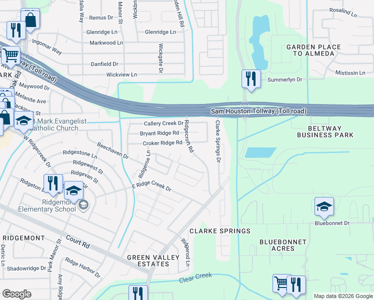 map of restaurants, bars, coffee shops, grocery stores, and more near 15802 Ridgebar Circle in Houston