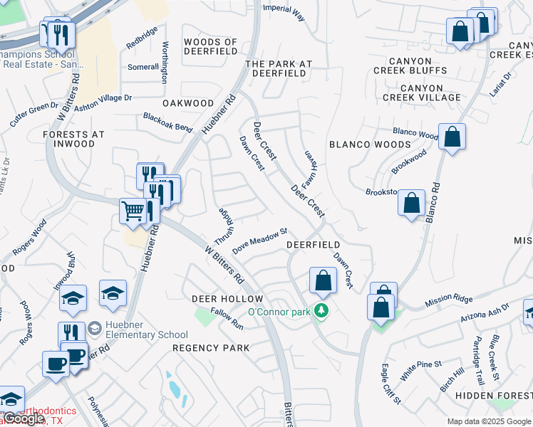map of restaurants, bars, coffee shops, grocery stores, and more near 15615 Robin Ridge Road in San Antonio