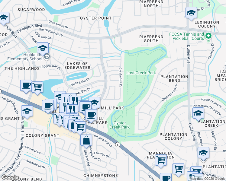 map of restaurants, bars, coffee shops, grocery stores, and more near 2026 Creekshire Drive in Sugar Land