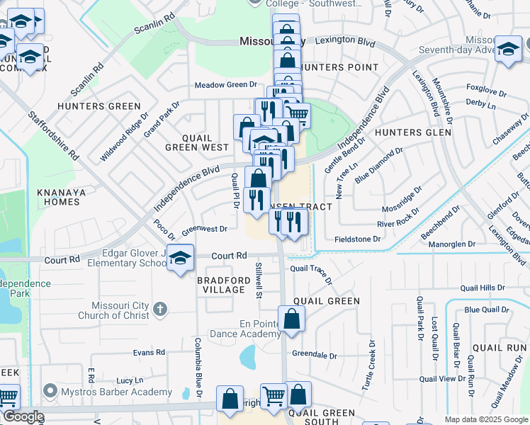 map of restaurants, bars, coffee shops, grocery stores, and more near 2303 Texas Parkway in Missouri City