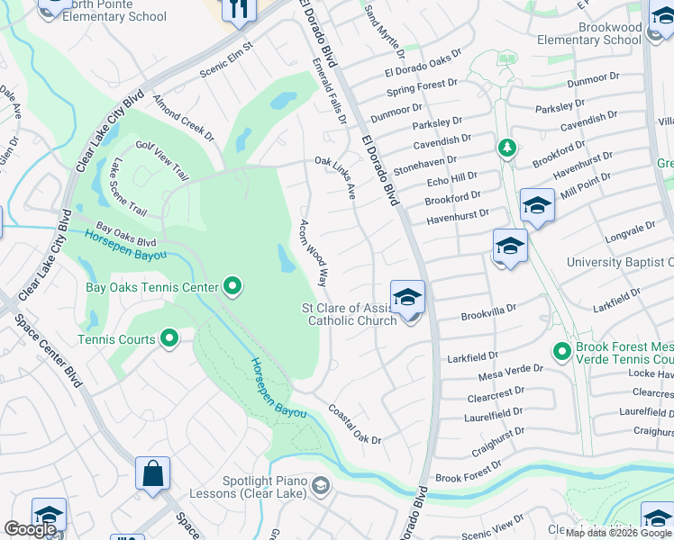 map of restaurants, bars, coffee shops, grocery stores, and more near 15407 Rocky Oak Court in Houston