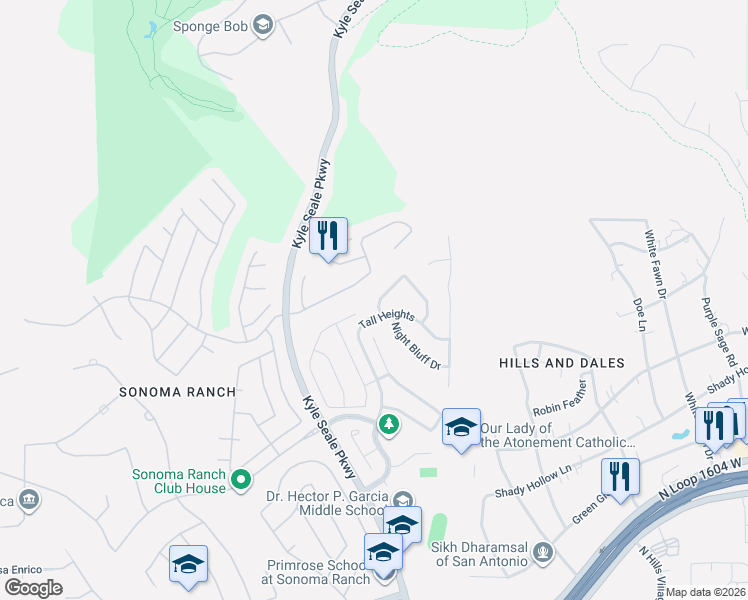 map of restaurants, bars, coffee shops, grocery stores, and more near 8231 Mirar Pass in San Antonio