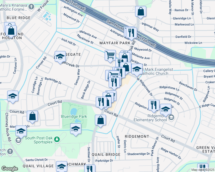map of restaurants, bars, coffee shops, grocery stores, and more near 5518 Gineridge Drive in Houston