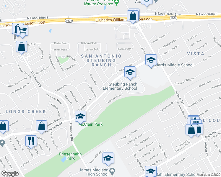 map of restaurants, bars, coffee shops, grocery stores, and more near 15851 Manes Grove in San Antonio