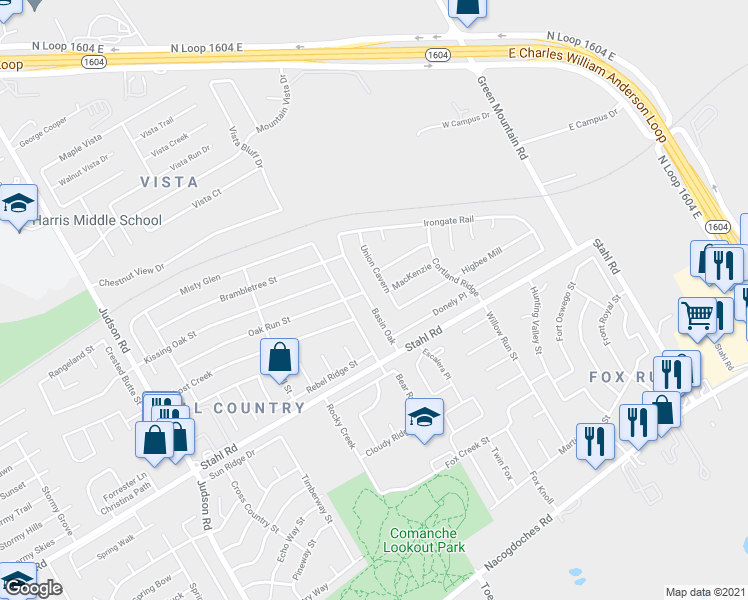 map of restaurants, bars, coffee shops, grocery stores, and more near 16742 Basin Oak in San Antonio