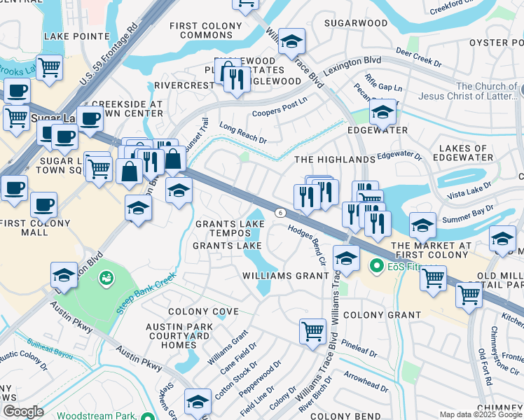 map of restaurants, bars, coffee shops, grocery stores, and more near 2511 Grants Lake Boulevard in Sugar Land