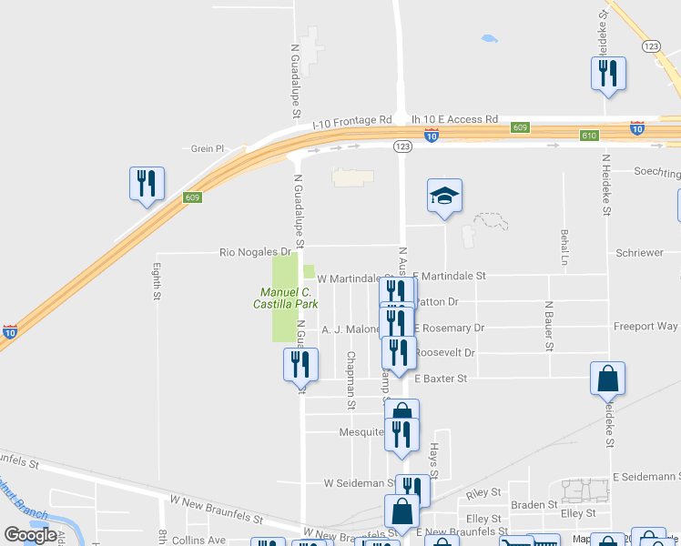map of restaurants, bars, coffee shops, grocery stores, and more near 312 West Martindale Street in Seguin
