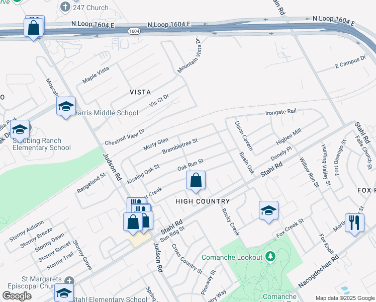 map of restaurants, bars, coffee shops, grocery stores, and more near 5907 Kissing Oak Street in San Antonio