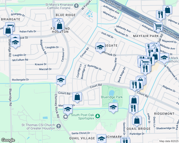 map of restaurants, bars, coffee shops, grocery stores, and more near 16131 Canaridge Drive in Houston