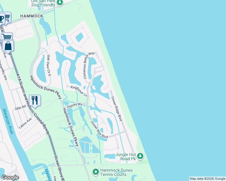 map of restaurants, bars, coffee shops, grocery stores, and more near 56 Ocean Ridge Boulevard in Palm Coast