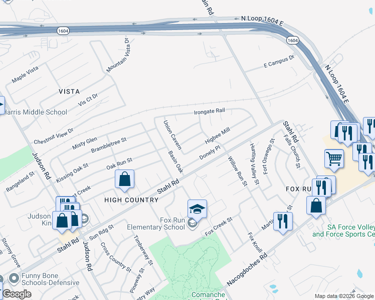 map of restaurants, bars, coffee shops, grocery stores, and more near 6015 Higbee Mill in San Antonio