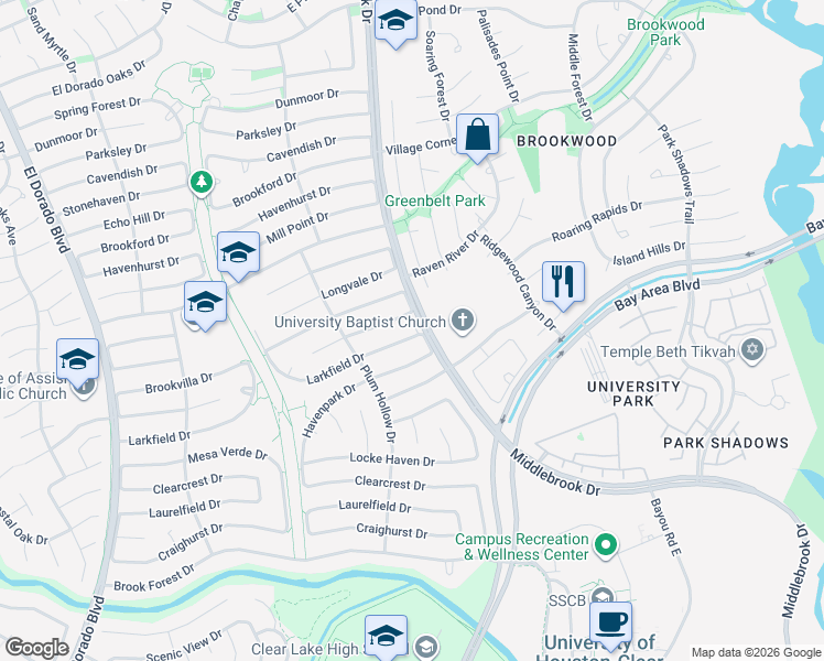 map of restaurants, bars, coffee shops, grocery stores, and more near 16443 Larkfield Drive in Houston