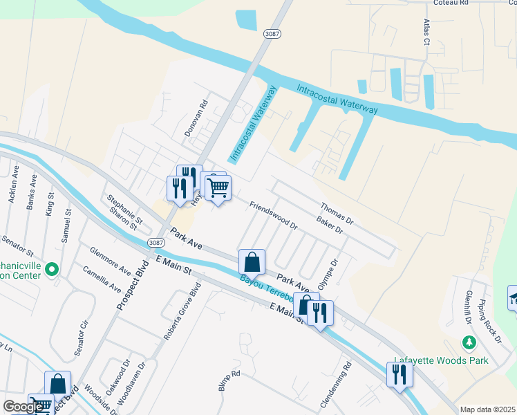 map of restaurants, bars, coffee shops, grocery stores, and more near 3606 Friendswood Drive in Houma