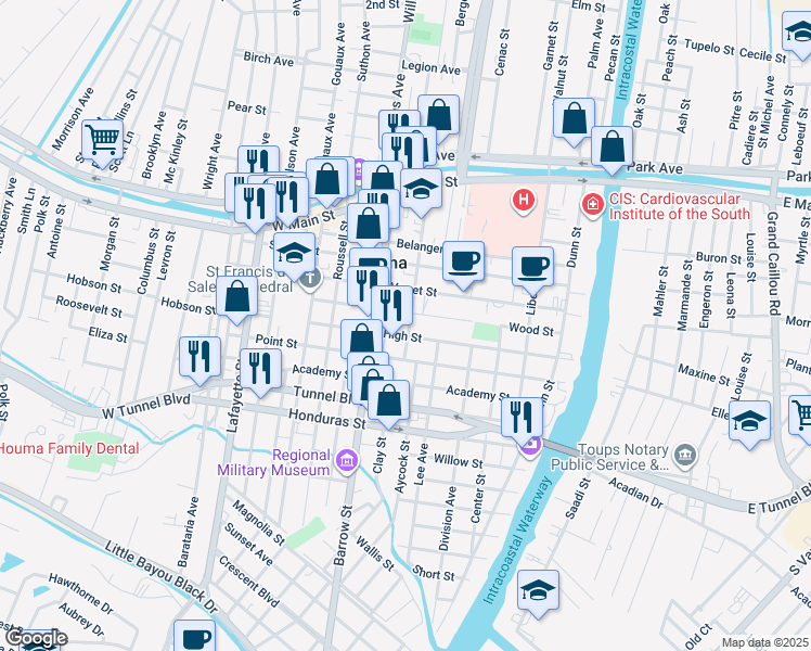 map of restaurants, bars, coffee shops, grocery stores, and more near 626 Gabasse Street in Houma