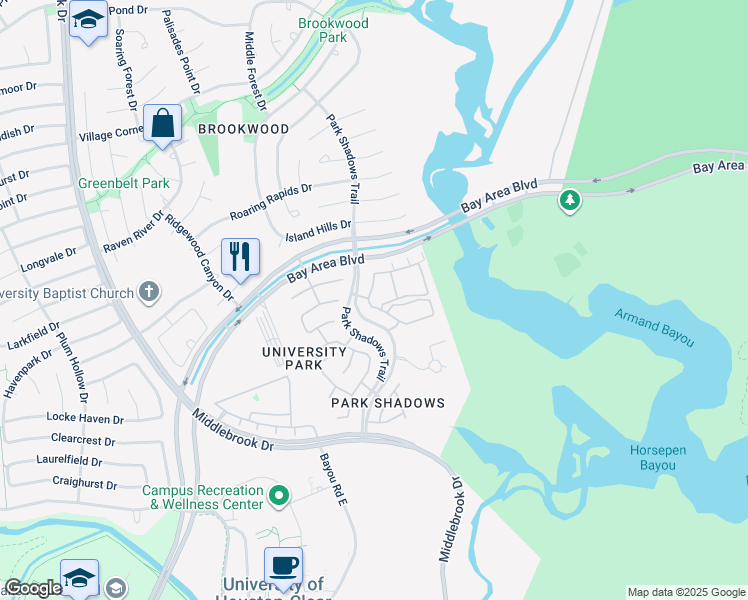 map of restaurants, bars, coffee shops, grocery stores, and more near 4300 Bay Area Boulevard in Houston