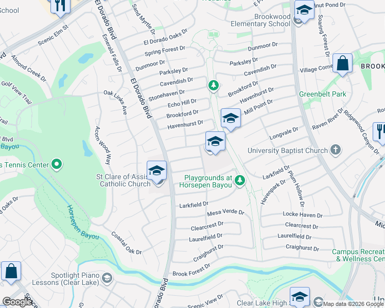 map of restaurants, bars, coffee shops, grocery stores, and more near 15807 Crestbrook Drive in Houston