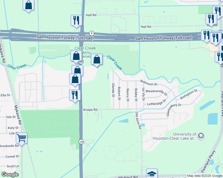 map of restaurants, bars, coffee shops, grocery stores, and more near 1133 Glenda Street in Pearland