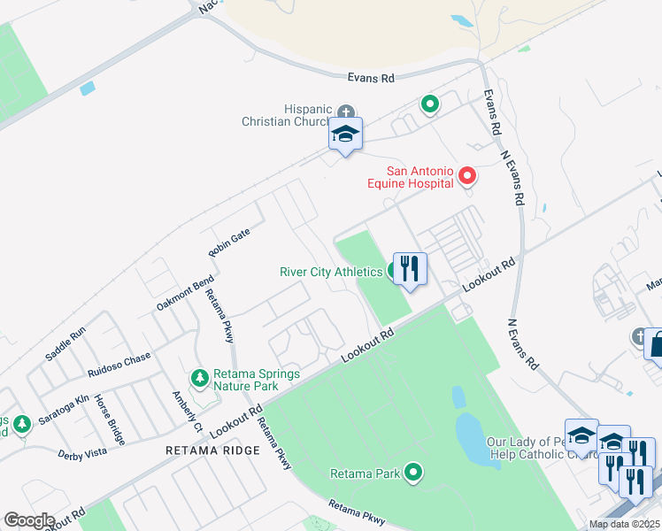 map of restaurants, bars, coffee shops, grocery stores, and more near 16817 Showdown Path in Selma