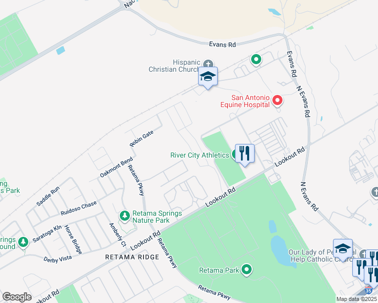 map of restaurants, bars, coffee shops, grocery stores, and more near 16817 Showdown Path in Selma