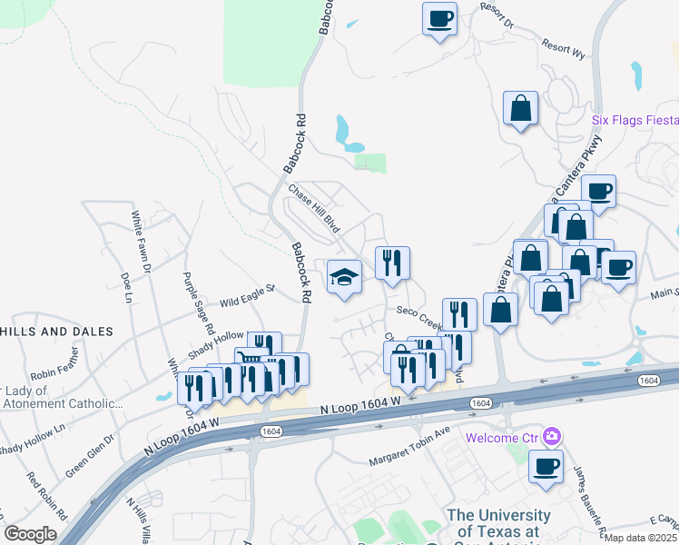 map of restaurants, bars, coffee shops, grocery stores, and more near 15802 Babcock Road in San Antonio
