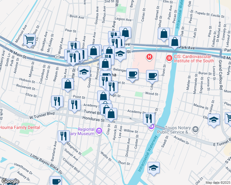 map of restaurants, bars, coffee shops, grocery stores, and more near 626 Gabasse Street in Houma
