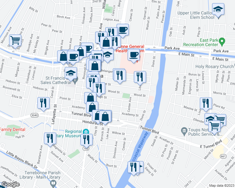 map of restaurants, bars, coffee shops, grocery stores, and more near 860 Wood Street in Houma