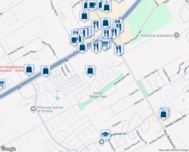map of restaurants, bars, coffee shops, grocery stores, and more near 4601 Pebble Run in Schertz