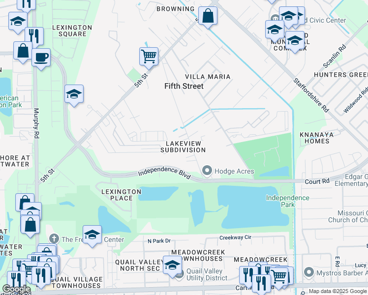map of restaurants, bars, coffee shops, grocery stores, and more near 1722 Packer Lane in Stafford