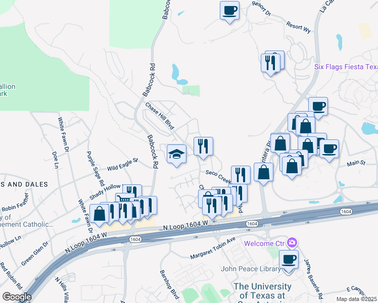 map of restaurants, bars, coffee shops, grocery stores, and more near 15801 Chase Hill Boulevard in San Antonio
