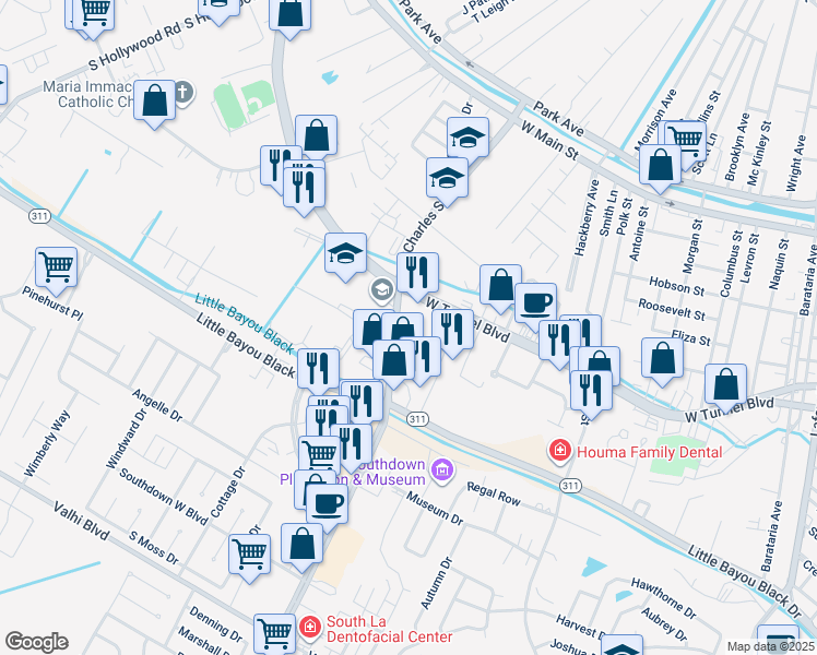 map of restaurants, bars, coffee shops, grocery stores, and more near 1133 Saint Charles Street in Houma