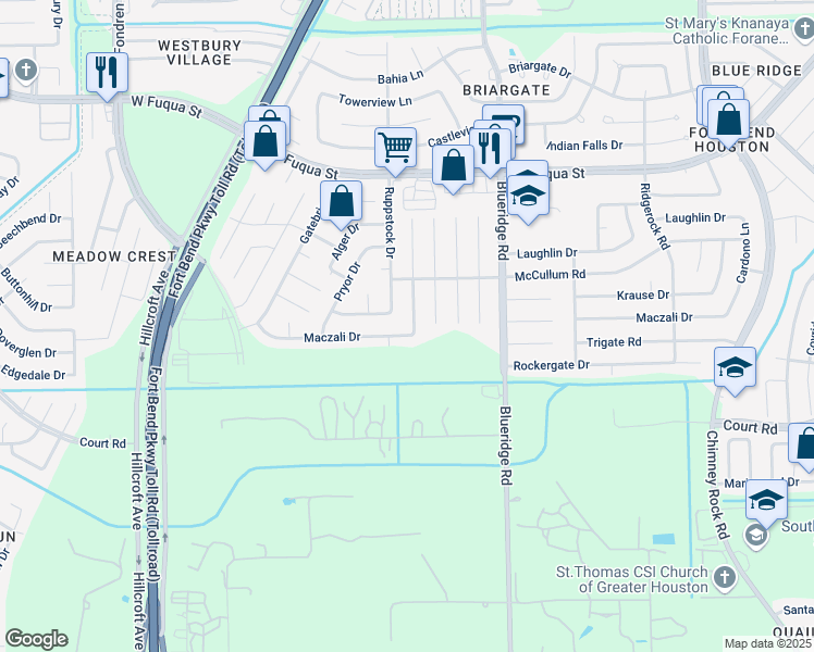 map of restaurants, bars, coffee shops, grocery stores, and more near 15934 Kenbriar Dr in Missouri City