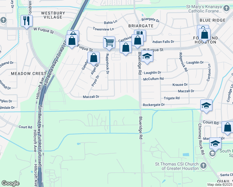 map of restaurants, bars, coffee shops, grocery stores, and more near 15934 Kenbriar Drive in Missouri City