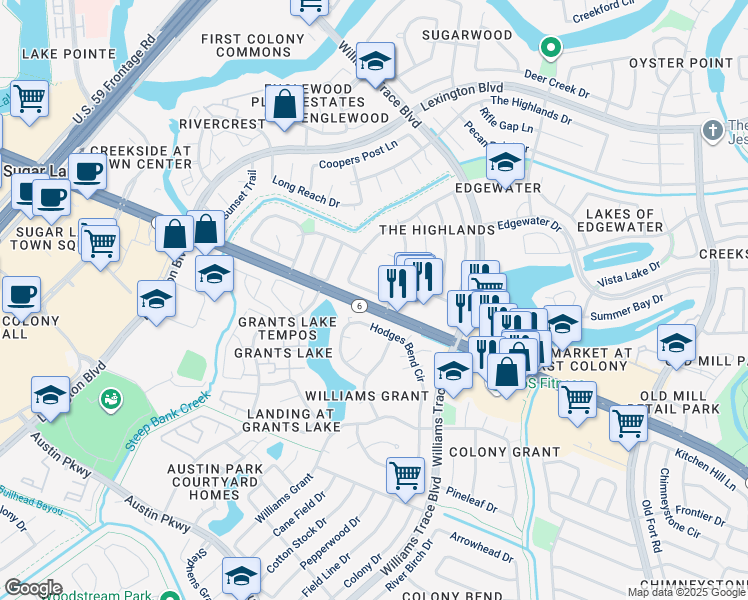 map of restaurants, bars, coffee shops, grocery stores, and more near 2630 Austins Place in Sugar Land