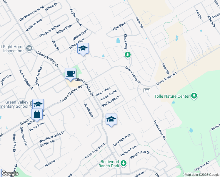 map of restaurants, bars, coffee shops, grocery stores, and more near 155 Brook View in Cibolo