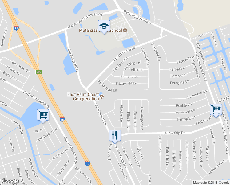 map of restaurants, bars, coffee shops, grocery stores, and more near 87 Fieldstone Lane in Palm Coast