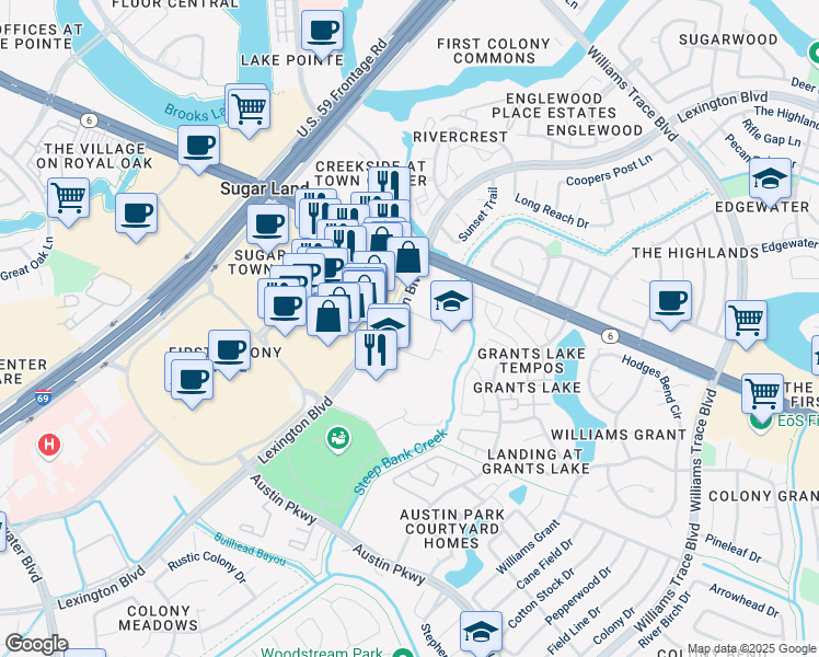 map of restaurants, bars, coffee shops, grocery stores, and more near 16053 Lexington Boulevard in Sugar Land