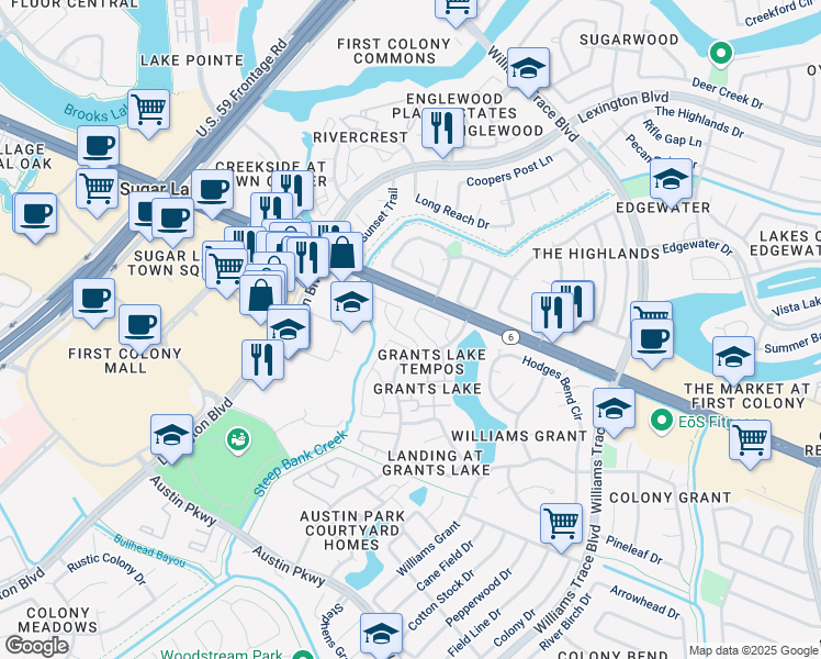 map of restaurants, bars, coffee shops, grocery stores, and more near 20 Grants Lake Circle in Sugar Land