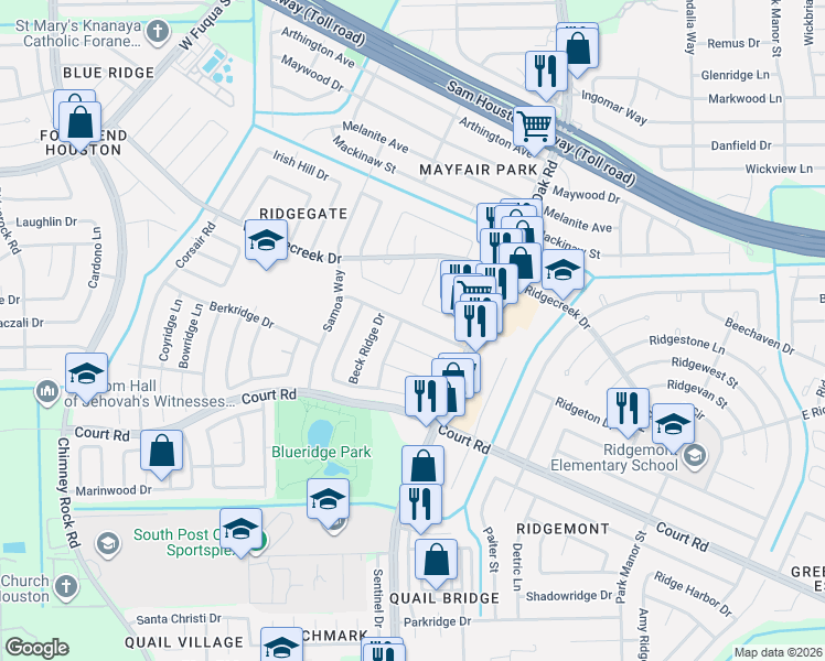 map of restaurants, bars, coffee shops, grocery stores, and more near 5615 Gineridge Drive in Houston