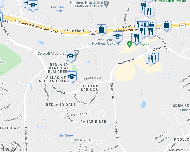 map of restaurants, bars, coffee shops, grocery stores, and more near 3615 Eagle Canyon Drive in San Antonio