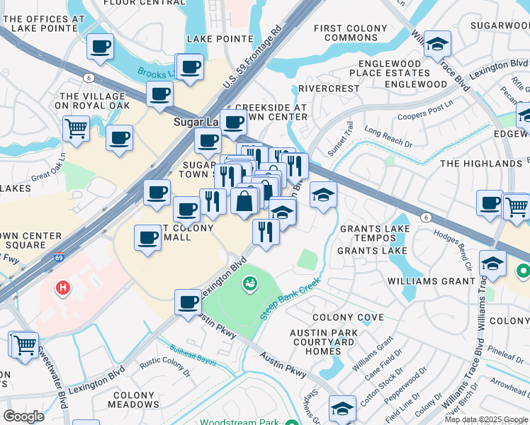 map of restaurants, bars, coffee shops, grocery stores, and more near 2615 Town Center Boulevard North in Sugar Land